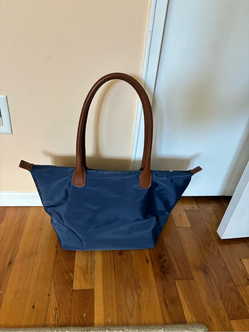 Navy Tote Bag with Brown Handles - Classic Women's Shoulder Bag